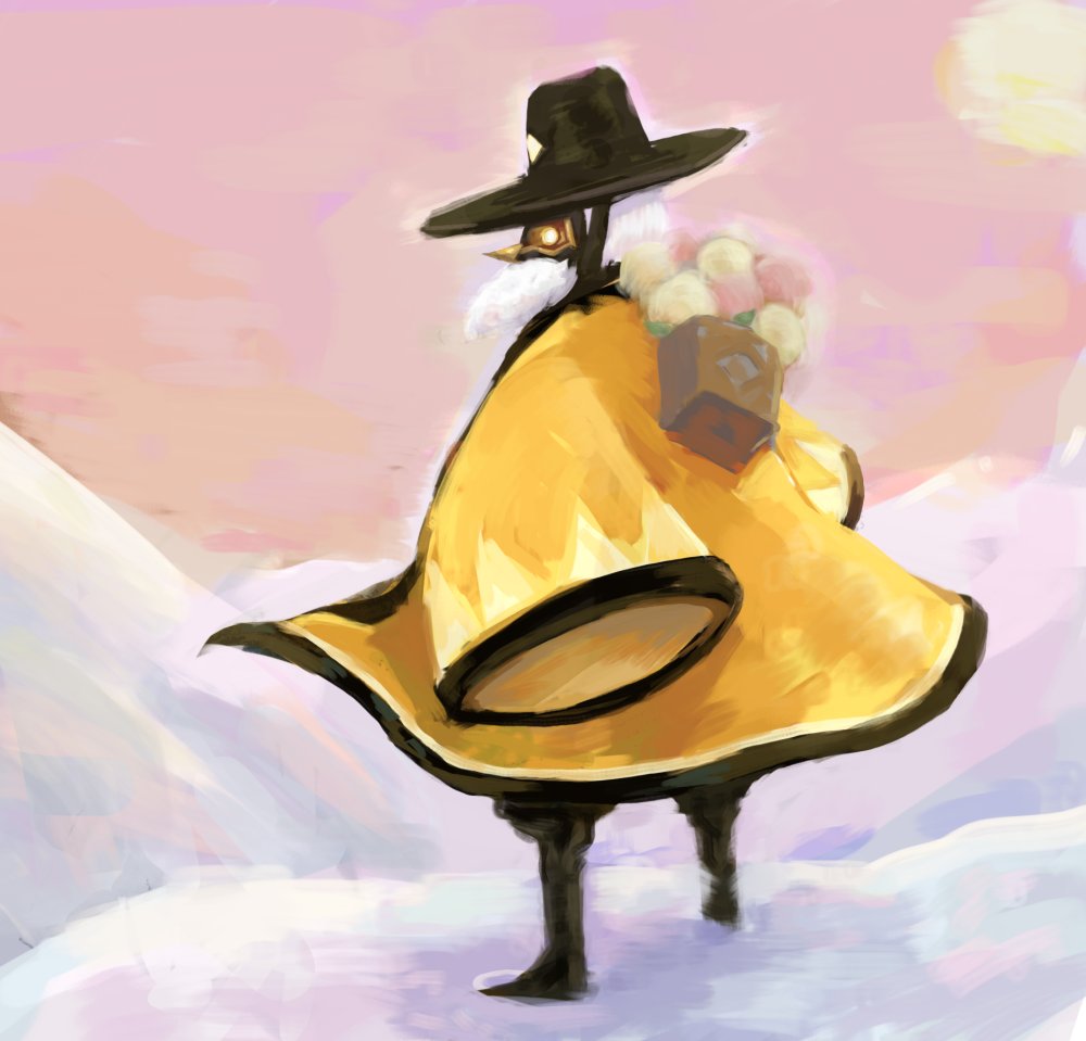 player in big yellow cape standing in front of a pink sunset in the snowy mountains