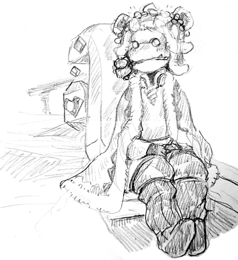 a sketch of player with a rose, sitting in a gondola