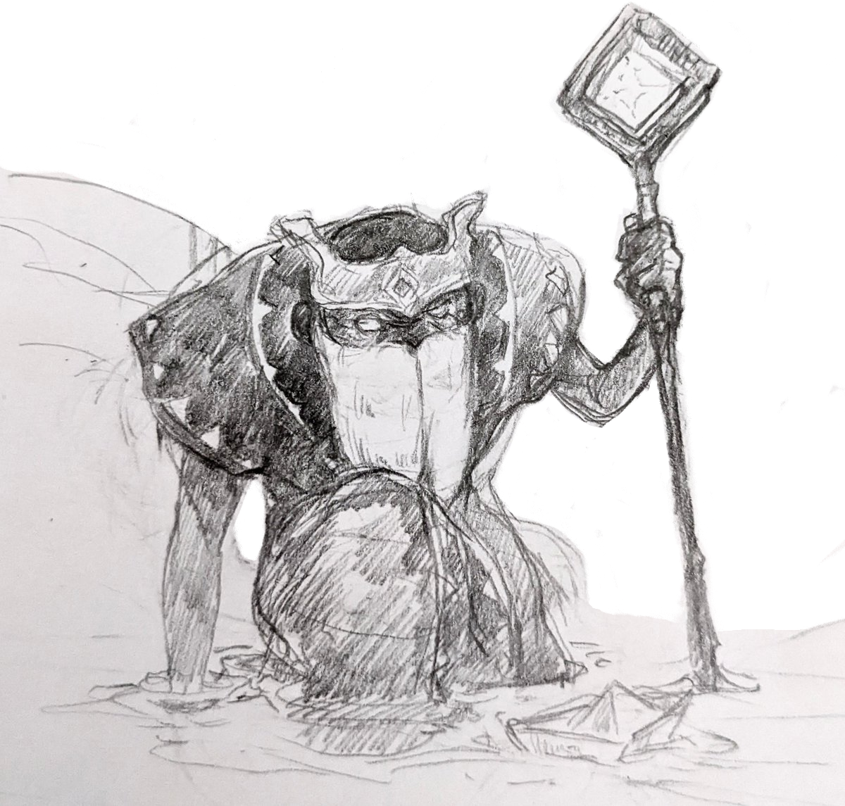 pencil sketch of an old bearded spirit leaning down into the water