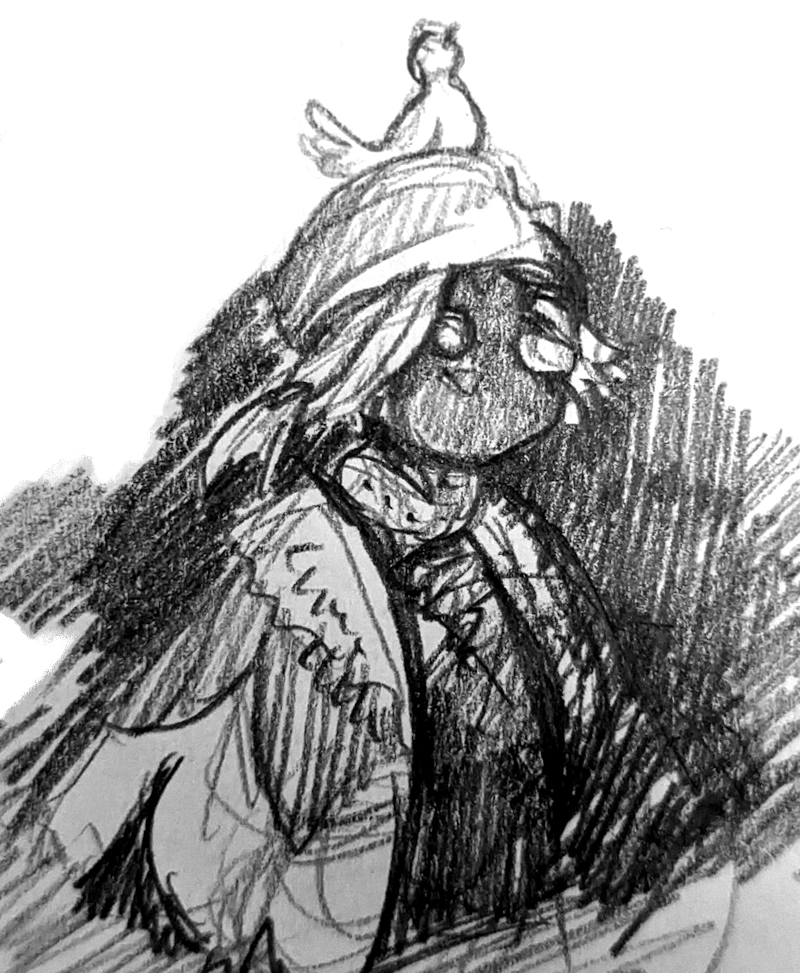 a tiny pencil sketch of a kid in a bandana