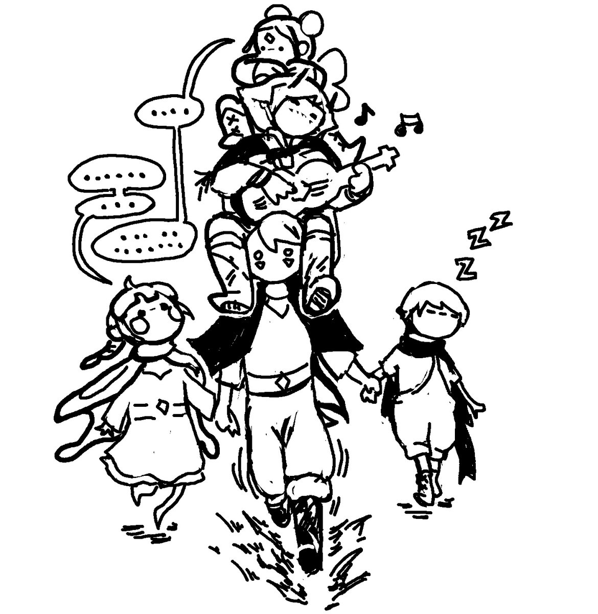 sketch of a player dragging and carrying a bunch of friends along with them