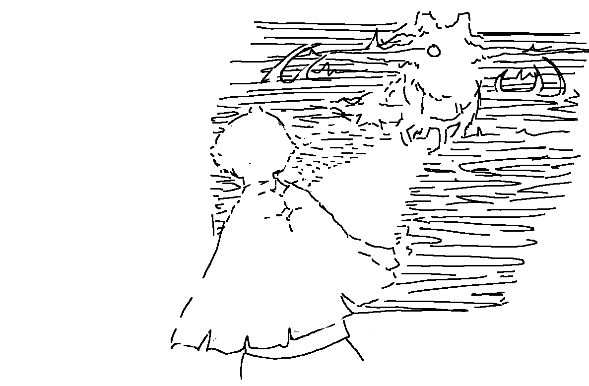 a slightly abstract line drawing of a player being noticed by a dragon