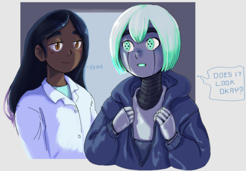 A robot asking if the hoodie looks okay