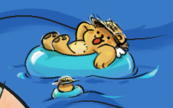 Phinxel floating on water in a big innertube