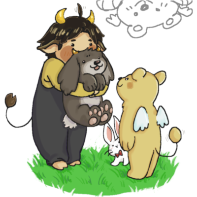 Aster holding a bunny-puppy, and Phinxel