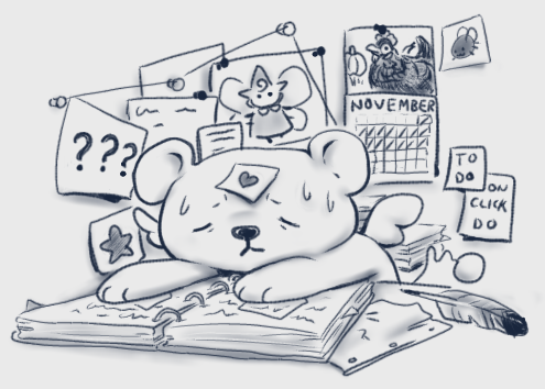 Phinxel falling asleep at his desk.