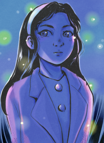 A lovely robot surrounded by fireflies at night