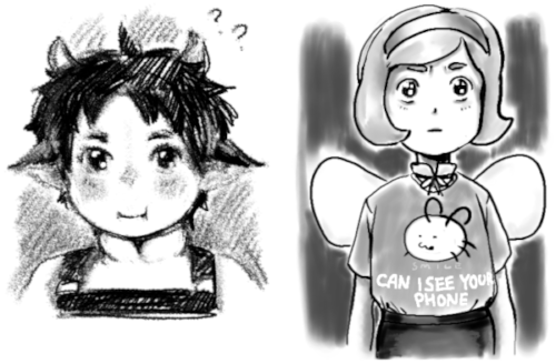 a soft sketch of a cute kid, and a worried looking intern in a novelty t-shirt.