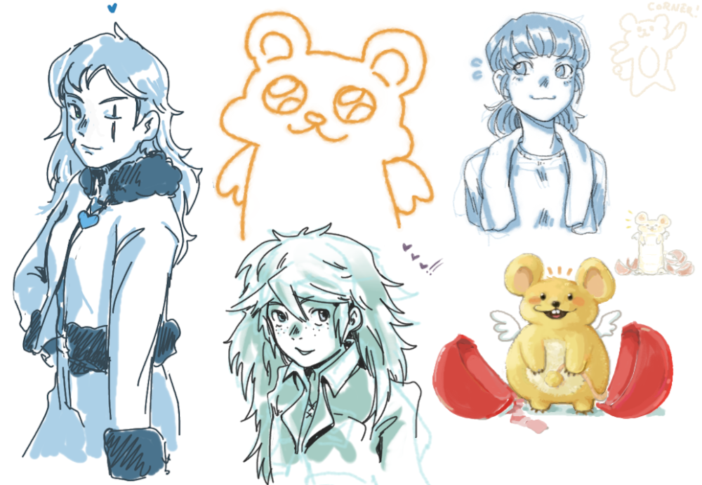 Various character doodles, also Phinxel as a round mouse