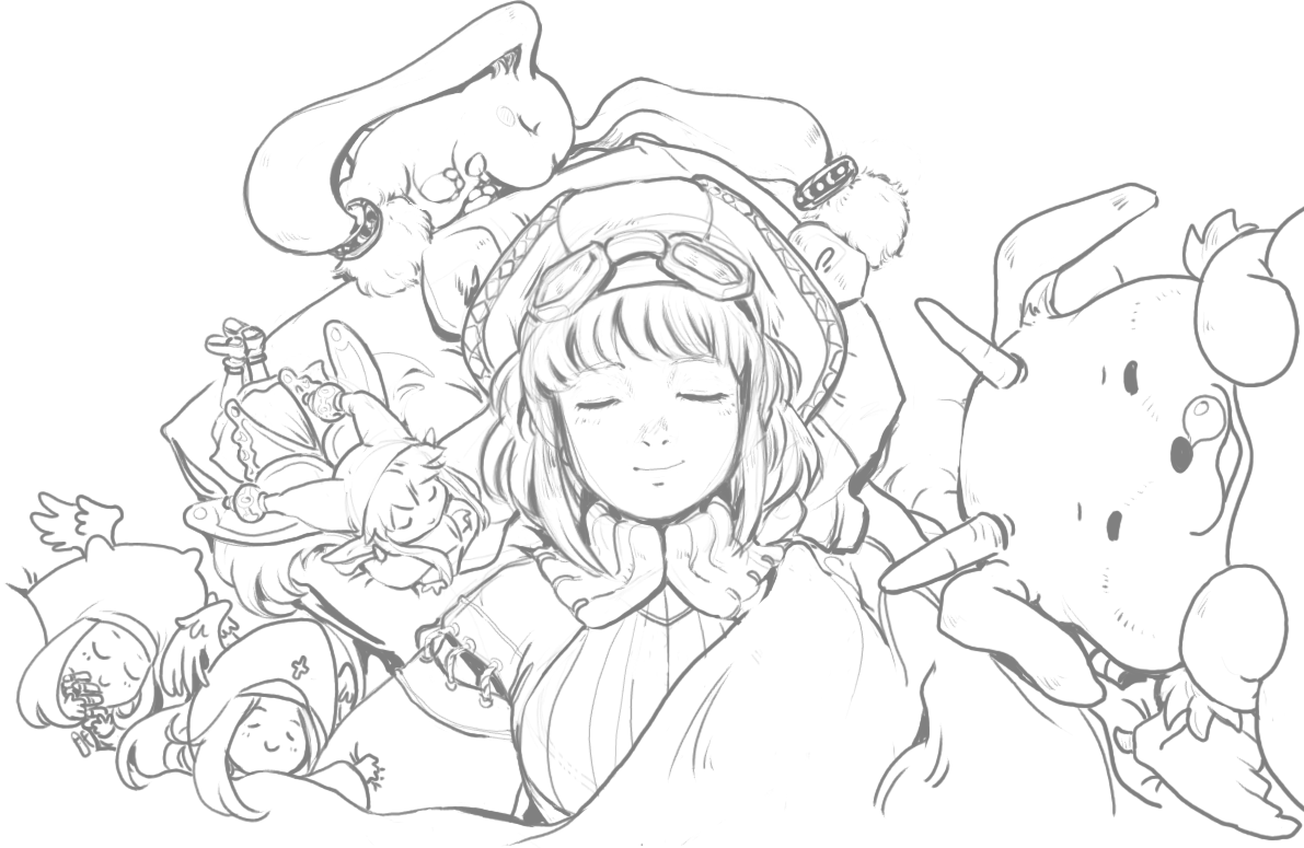 drawing a girl sleeping, surrounded by Puppets.