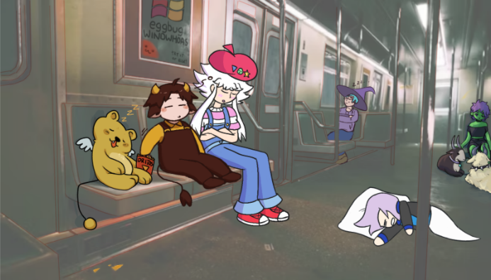 Phinxel and Aster and other characters on the way home on a subway car