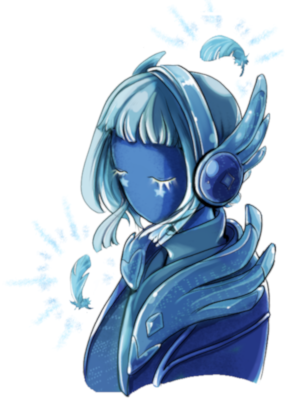 A blue child surrounded by bird and feather motifs