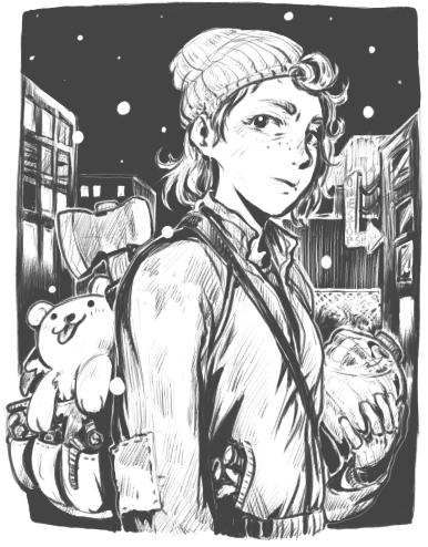 A resourceful human carries a backpack full of supplies, and a phinxel.