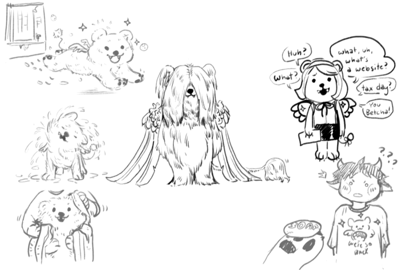 Drawing of a little creature drying off after a bath, and other doodles