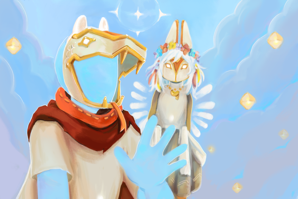 Two players from sky in animal masks, with a background of clouds