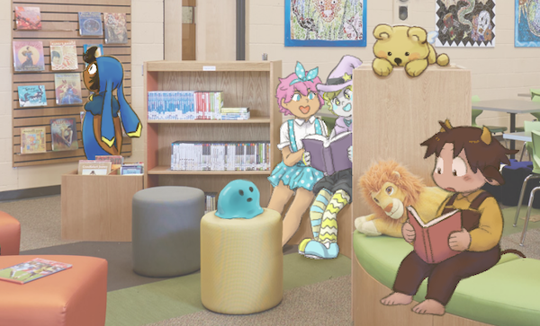 doodles of various characters reading books in a library