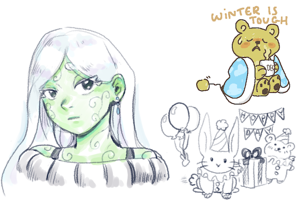 doodles of phinxel feeling sick, some little guys saying hoppy day and a beautiful green lady