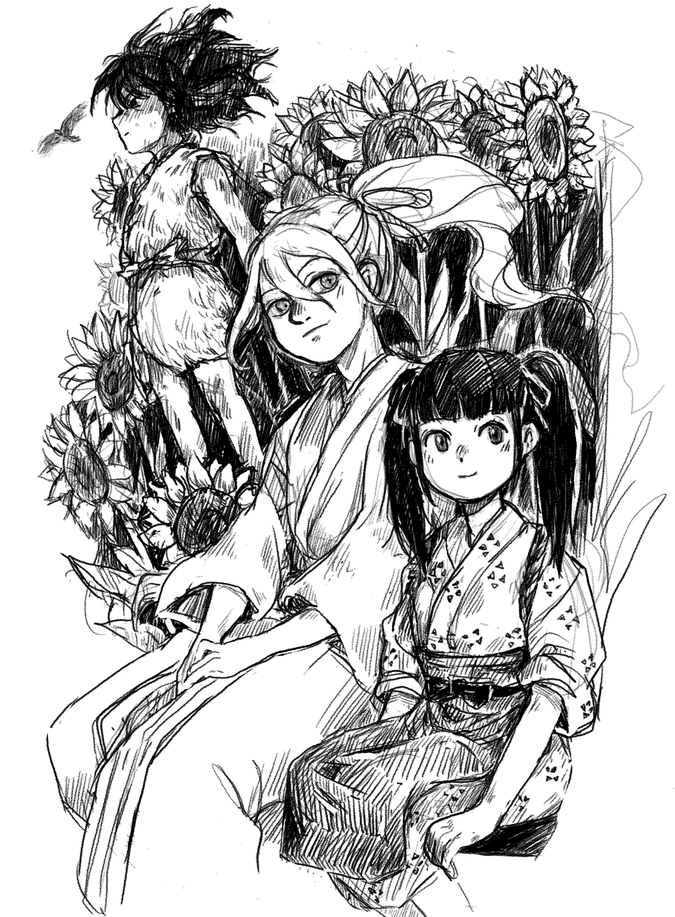 A sketch of three character in traditional japanese clothing. There are sunflowers in the background.