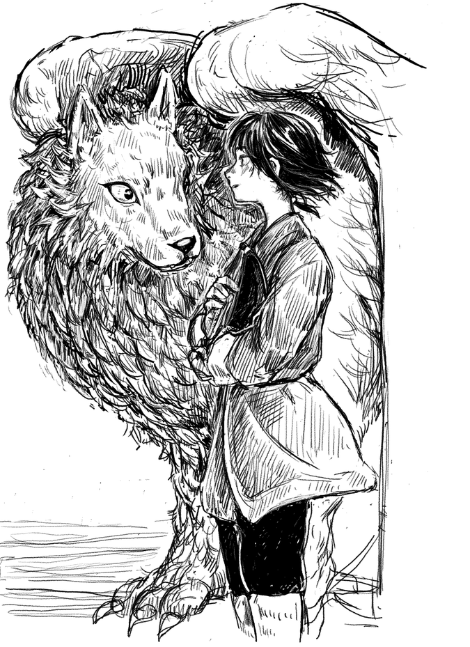 a sketch of a young girl playing a harp, standing next to a wolf-like feathered beast.