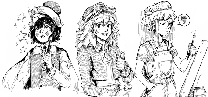 Three drawings of some cute and adventurous characters: a magician, a tinkerer, and an artist.