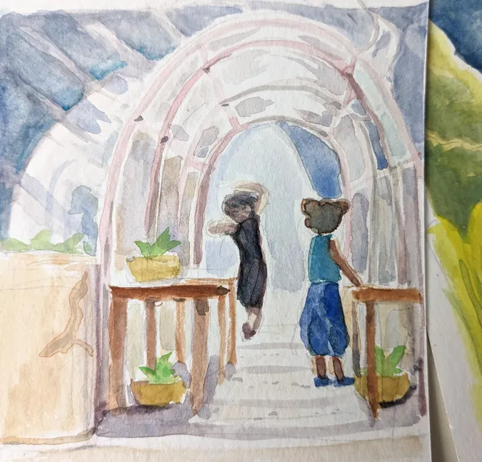 a tiny watercolor painting of someone running from a storm into a greenhouse. someone is already in there at one of the tables.