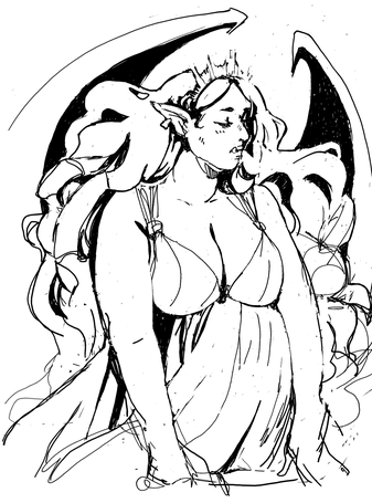 black and white sketch of a vampire lady with wings, the hair is very fluffy