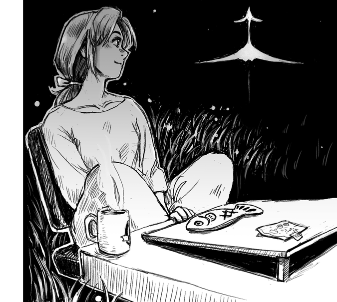 A woman sits at her desk with a mug of coffee. The background is a field at night and some kind of spaceship is flying through the night sky.