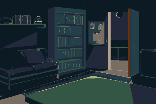 pixel scene of a breakroom at night
