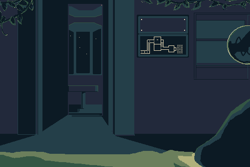 pixel scene of a room at night, a panel on the wall has some flashing lights