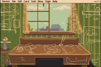 a slightly more refine pixel art of a desk, covered in scribbles