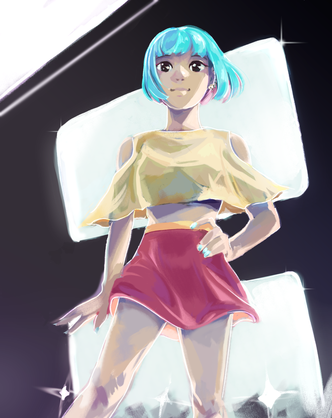 an illustration of a turquoise haired model on a fashion runway