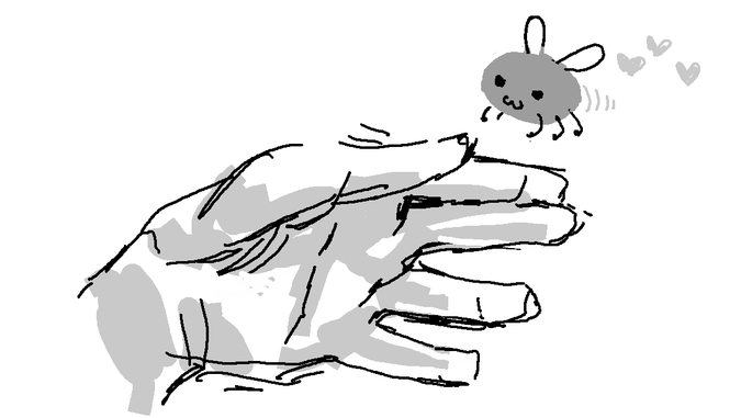 black and white sketch of eggbug flying over to someone's hand