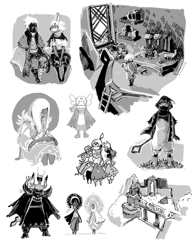 various grayscale sketches of things from the game