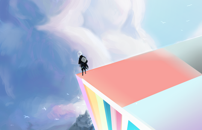 a player looks down at a stone temple from where they are standing on a strange colorful rectangle high up in the sky