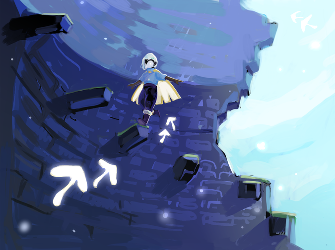 a player hops up the support structures of a ruined tower