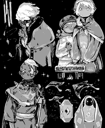 sketches of the characters from 'season of remembrance' -- sad spirits hiding together in a shelter