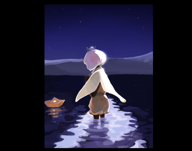 a player stands in water, praying over a message boat