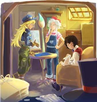 color illustration of some characters and a rabbit in a room together. two characters are discussing a plan and the other one is petting the rabbit