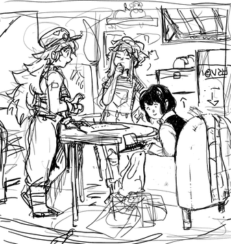 black and white sketch of three characters and rabbit