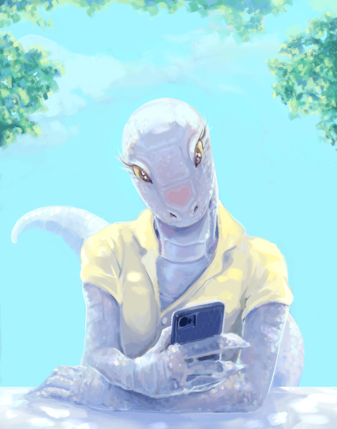 Illustration of a cool snake person looking at their phone in dappled sunlight