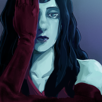 illustration of blue woman covering one eye with her hand