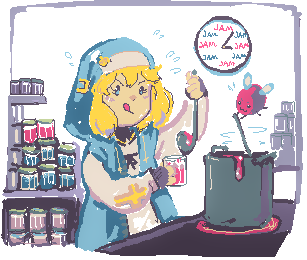 eggbug and the best girl from guilty gear making jam in the kitchen