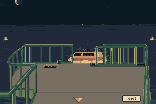 pixel scene of a dock with some weird device floating out in the water.