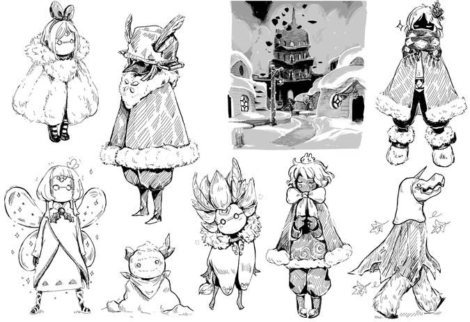 various sketches of characters in winter-y outfits