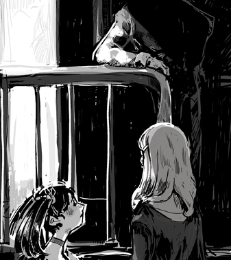 illustration of three people meeting in a shadowy stairwell