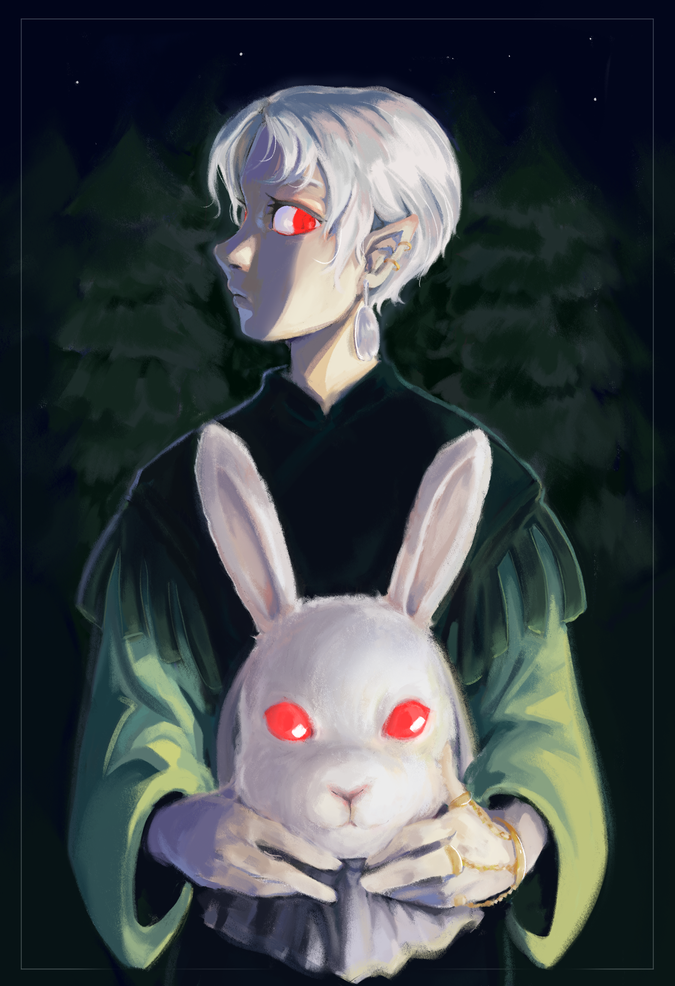 color illustration of a young elf holding a rabbit mask. the elf and the mask's eyes glow red