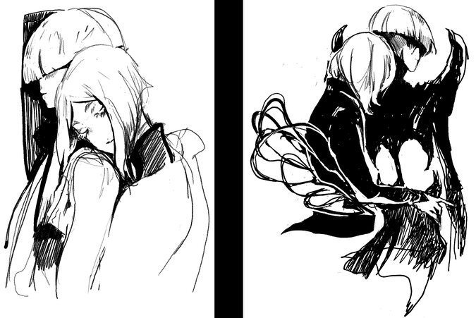 black and white sketches of two short-haired characters, one is hugging the other from behind