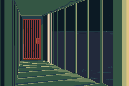 pixel scene of a walkway above water