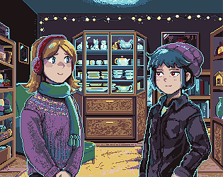 scene from a visual novel set in a thrift store