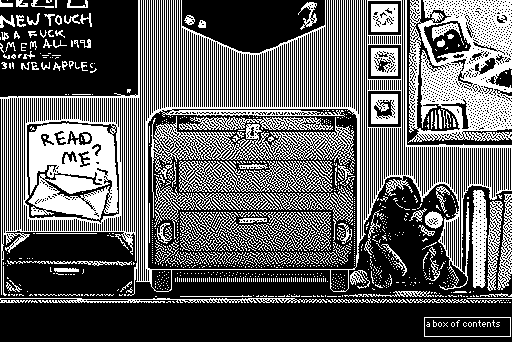 a black and white drawing of a large box, and some other objects